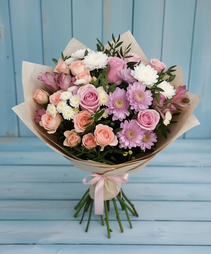 Букет цветов из: Хризантемы, Розы и Альстромерии в Каменной Балке