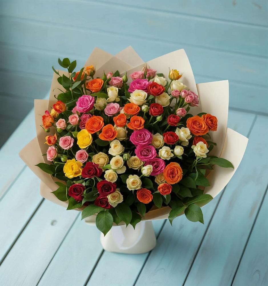 Букет Микс из разноцветных кустовых роз в Каменной Балке