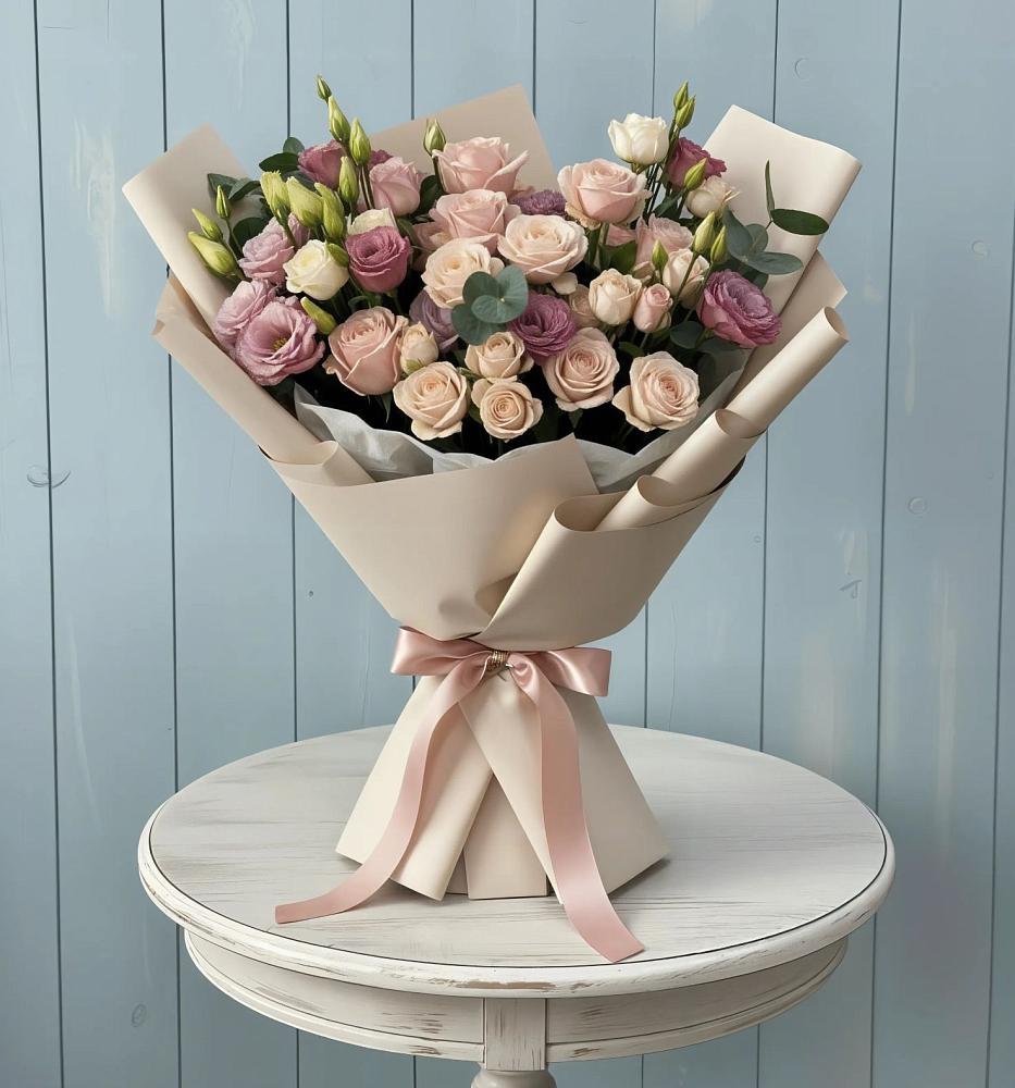 Букет цветов из: Розы и Лизиантусы в Каменной Балке