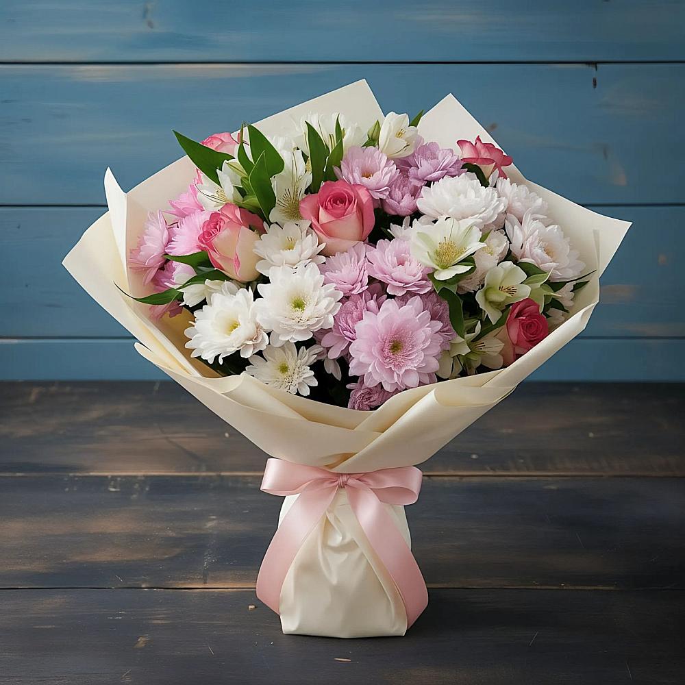 Букет цветов из: Хризантемы, Альстромерии и Розы в Каменной Балке